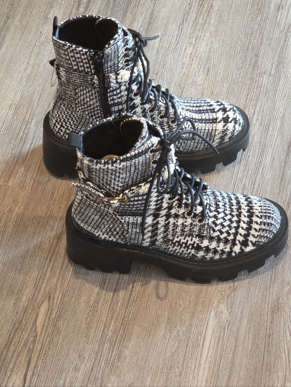 Betsey Johnson Black & White Houndstooth Pearl-Embellished Lace-Up Boot - Picture 5 of 13
